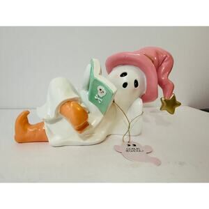 Goblin & Ghoul Halloween Ghost Figurine Reading Book – Pink Hat, Star Accent